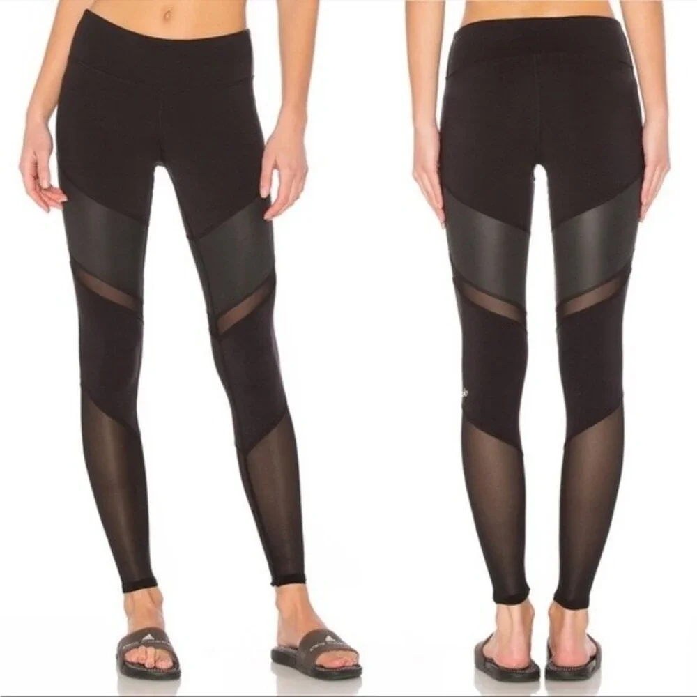 Alo Yoga Sheila Mesh Panels Leggings Athletic Gym Moto in Black S